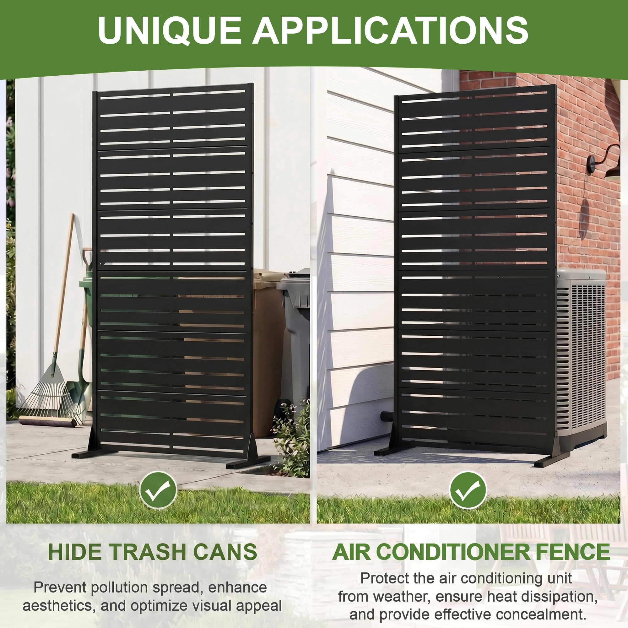 MAYEERTY 72"x35" Outdoor Privacy Screen, Black Wide-1 Narrow-2 Metal Louvered Freestanding Room Divider, for Patio Balcony Backyard