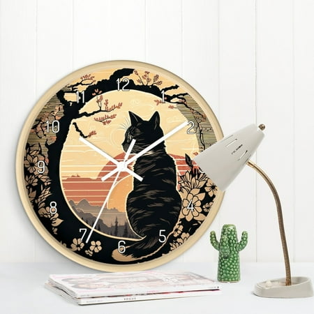 Lookout Cat Silent Wall clock - Japanese ukiyo-e painting style - Wall Decor - For Cat Lover - Bedroom Clock - Hanging Clock - Unique Clock