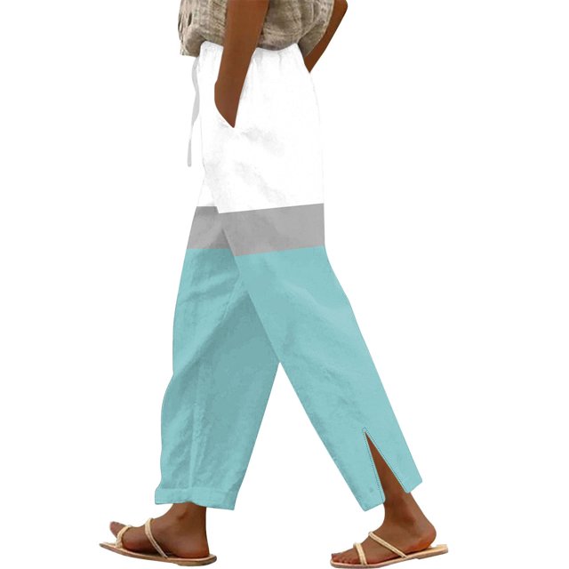 FNFYFH Clearance Cotton Linen Pants for Women Color Block Pant with Pockets Drawstring Elastic Waisted Trouser,Blue