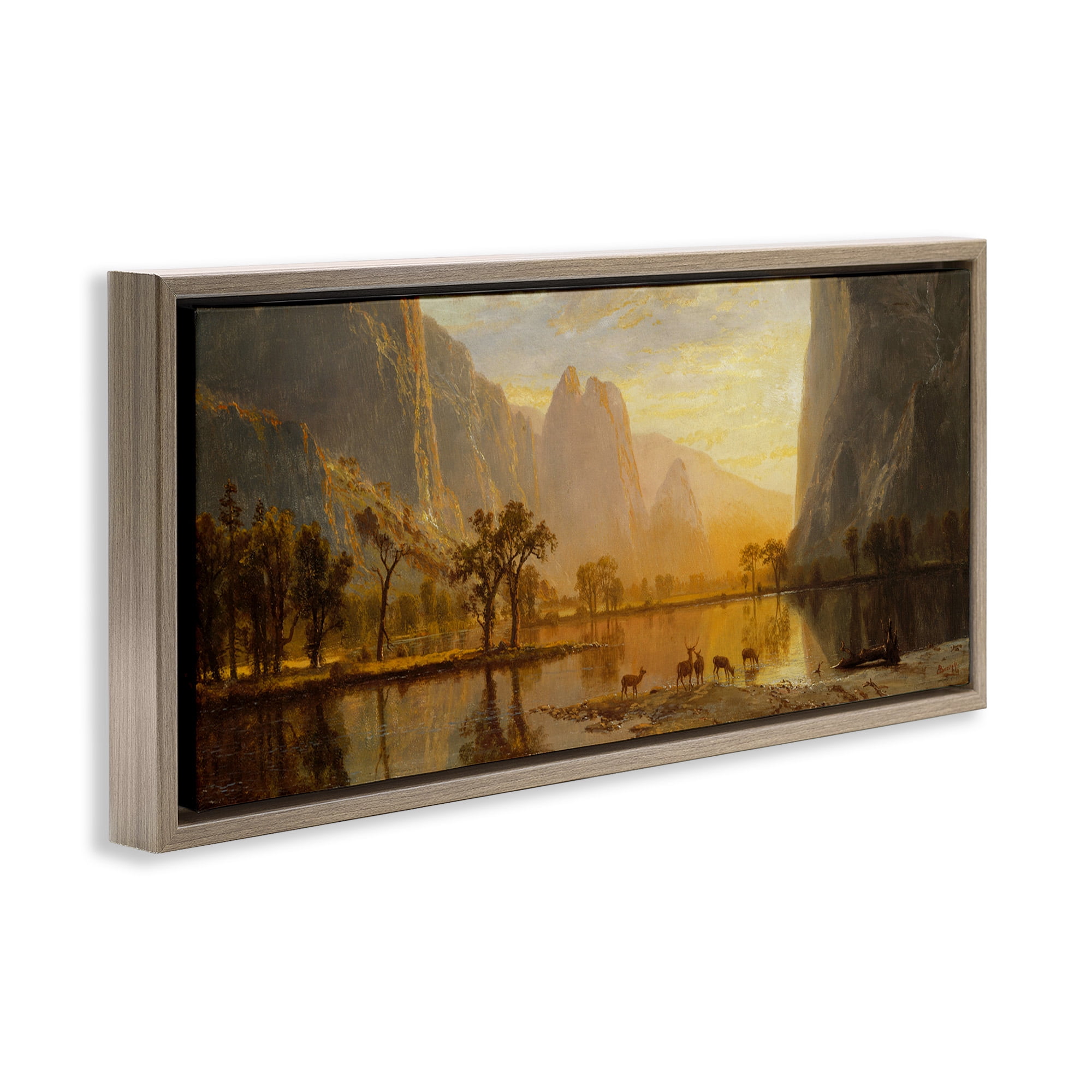 Stupell Industries Yosemite Valley Classic Painting Landscape Painting Brown Floater Framed Canvas Art Print Wall Art, 31 x 14