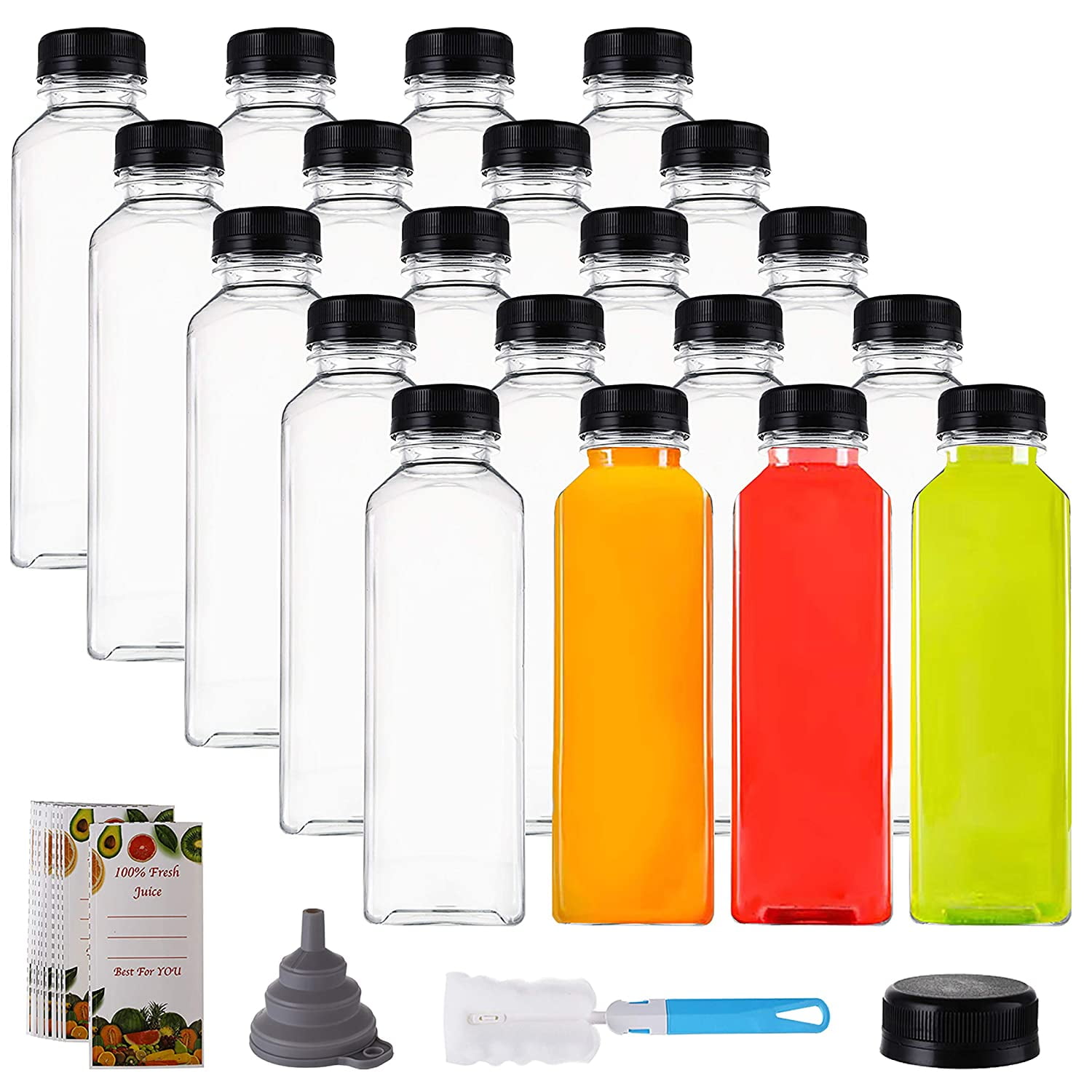 16 OZ Glass Bottles with Caps 10 Juice Bottles Smoothie Cup Containers Plastic Black Lids 