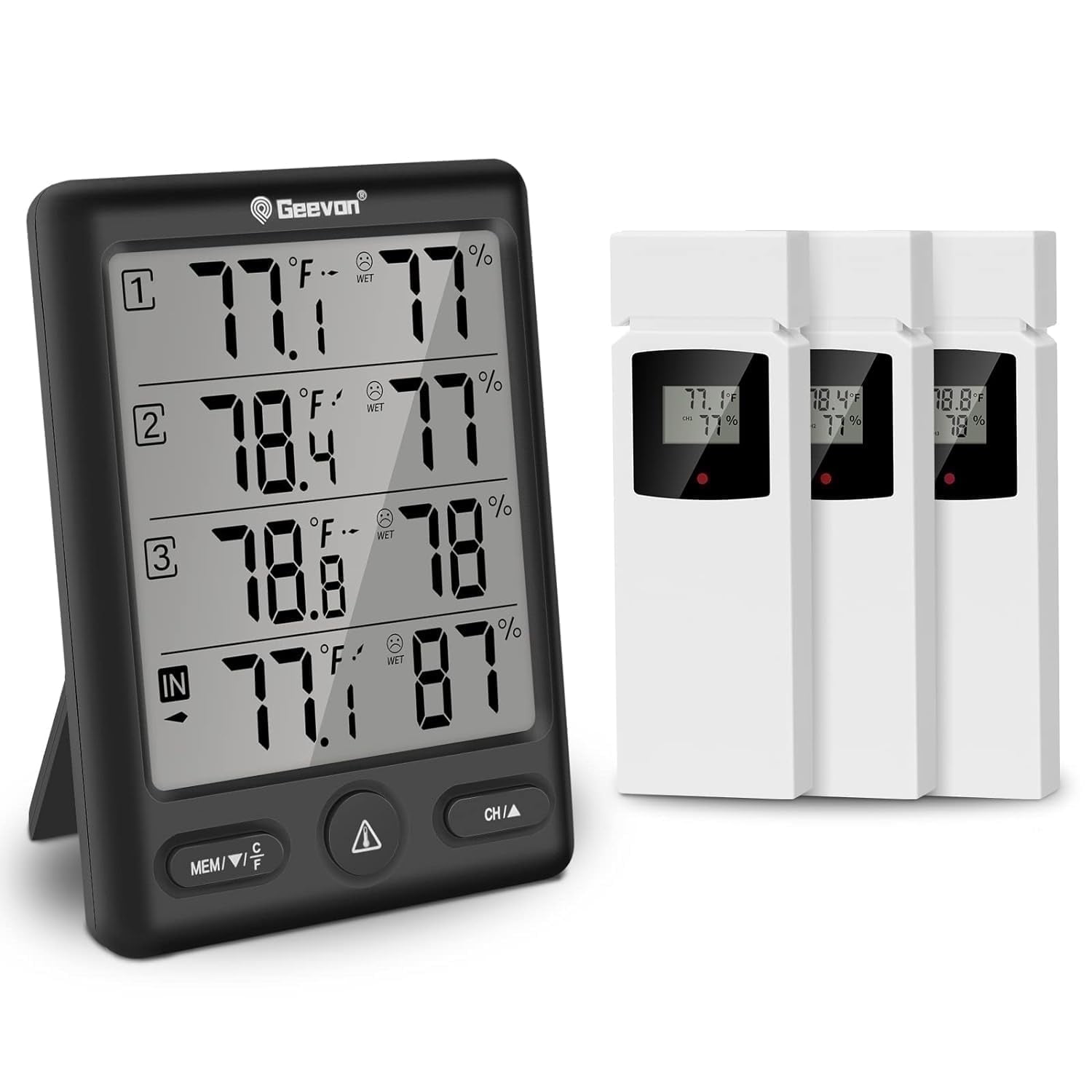 Geevon Indoor Outdoor Thermometer Wireless with 3 Remote Sensors Wireless Thermohygrometer Digital Temperature Humidity Meter with 200FT/60M Range(Black)