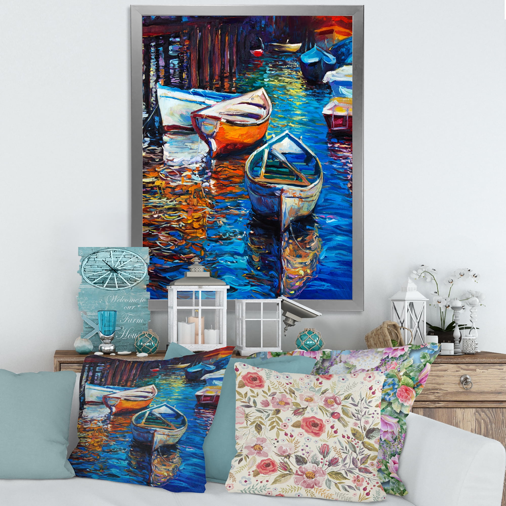 Boats During Warm Sunset Resting On The Water X 30 in x 40 in Framed Painting Canvas Art Print, by Designart