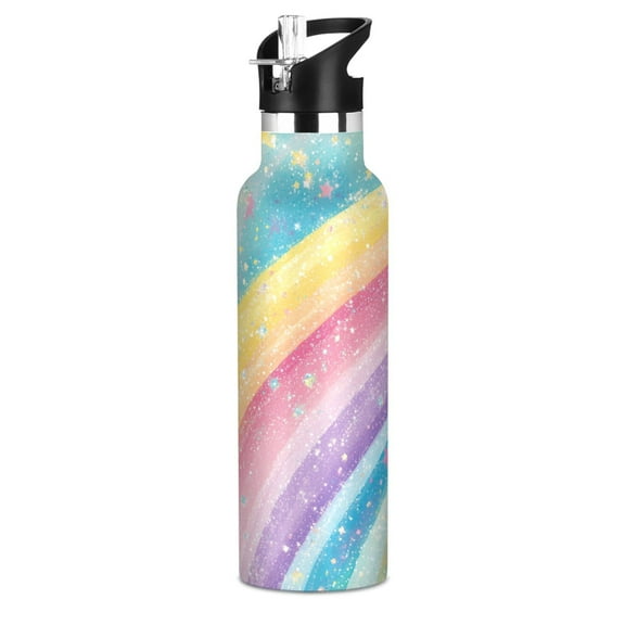 Kids Insulated Stainless Steel Sports Water Bottle 600ml (20oz), BPA-Free Glittery Rainbow