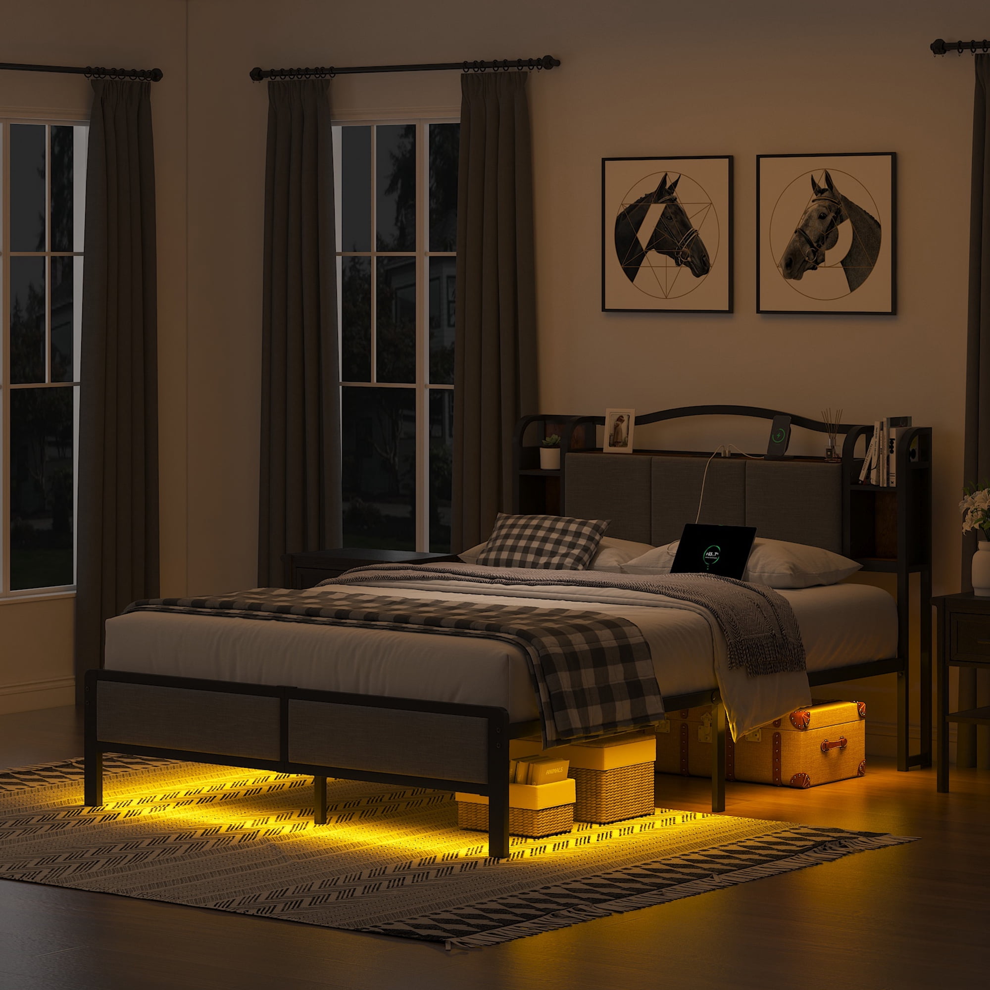 QUEEN 14In Bed Frame with RGB Lights Fabric Upholstered Headboard USB Socket