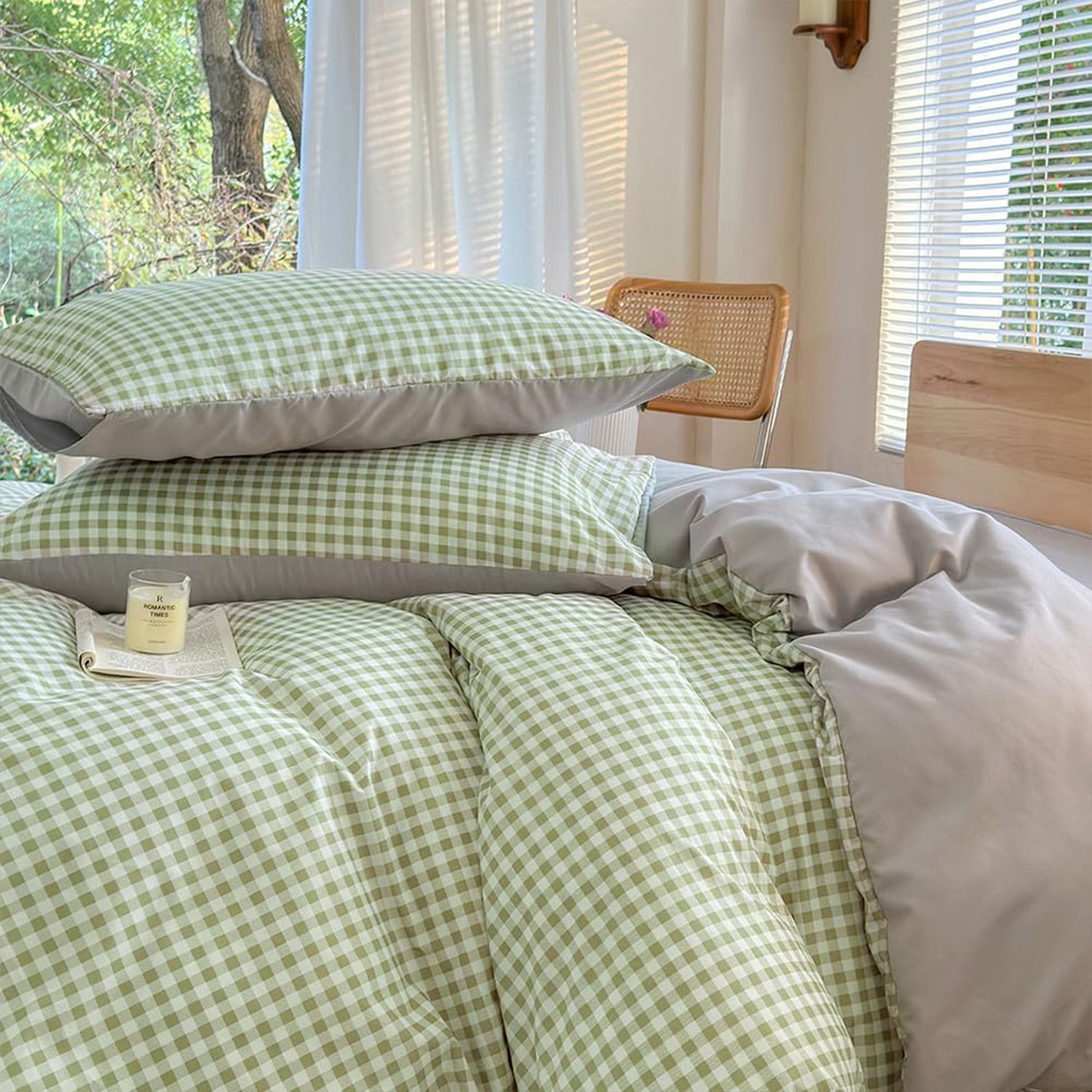 Sage Green Gingham Twin Duvet Cover Set, 2-Piece Checked Bedding Set