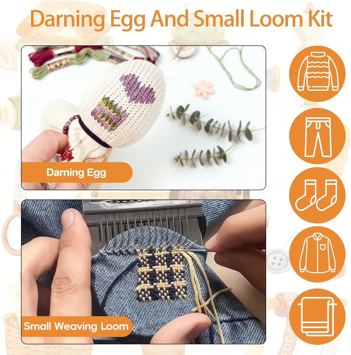 Mini Darning Loom,Egg Knit Patch Kit with 14 Hooks Small Weaving Loom 14 Pcs Large Eye Needles 50 Color Threads for Handcraft DIY Weaving Repair Tool for Beginners