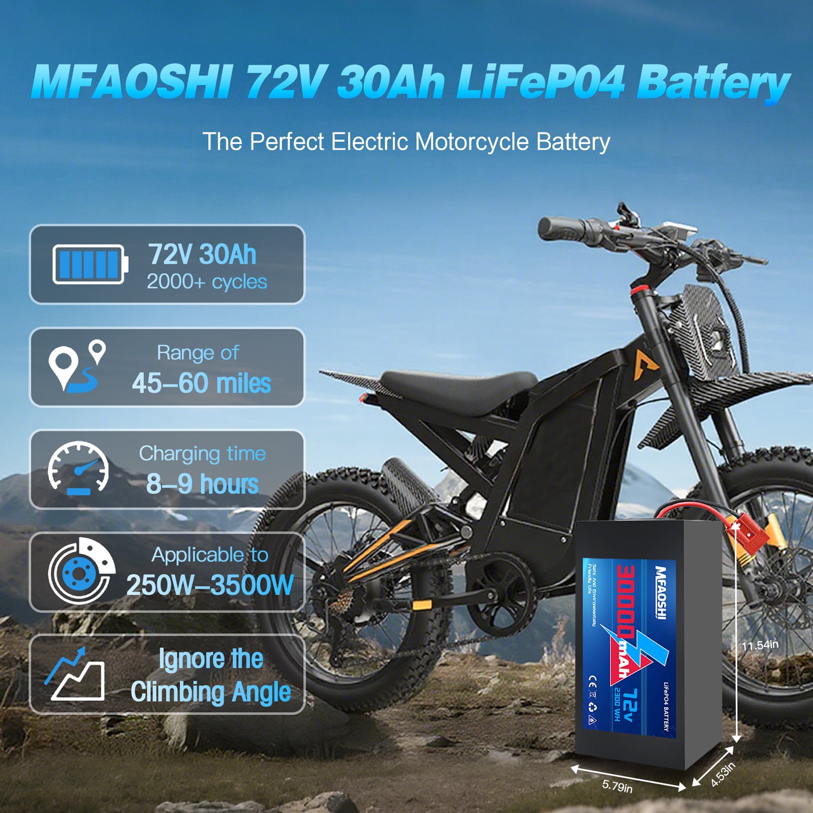 MFAOSHI 72V 30Ah LiFePO4 Battery for Electric Bike Motorcycle Scooter, Powers 0W-3500W Motors, w/ 50A BMS & Anderson Connector
