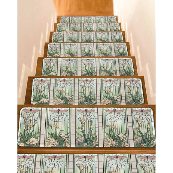 Butterfly Stained Glass Stair Treads for Wooden Steps Indoor Runner Rug Carpet, Summer Dragonfly Botanical Vintage 4 Pieces Peel and Stick Staircase Step Treads Covers Washable Door Mats 30"x8"