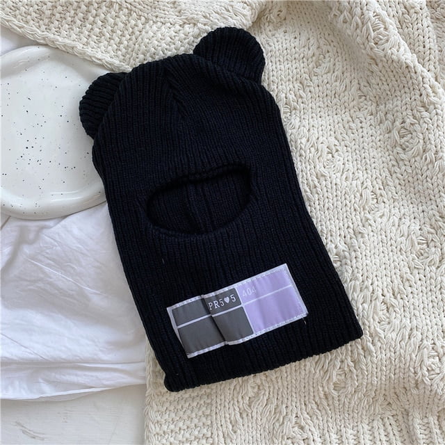 Y2K Balaclava Scarf Cap Bear Ear Beanies Winter Warm Men Women Wool