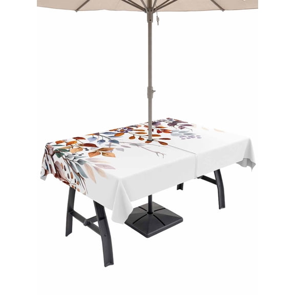 Outdoor Tablecloths with Umbrella Hole & Zipper, Brown Eucalyptus Leaves Tablecloth Rectangle 60x84 Inch, Summer Botanical Watercolor Leaf Waterproof Table Cloth, Patio/Pool/Picnic Table Covers