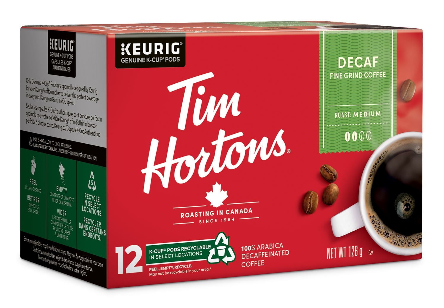 Tim Hortons Medium Roast Decaffeinated Coffee, Keurig K-Cup 12ct Pod
