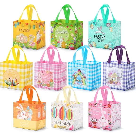Easter Gift Bags with Handles, Large Reusable Non-Woven Treat Bags for Easter Egg Hunt Party Supplies Decorations with Unique Patterns