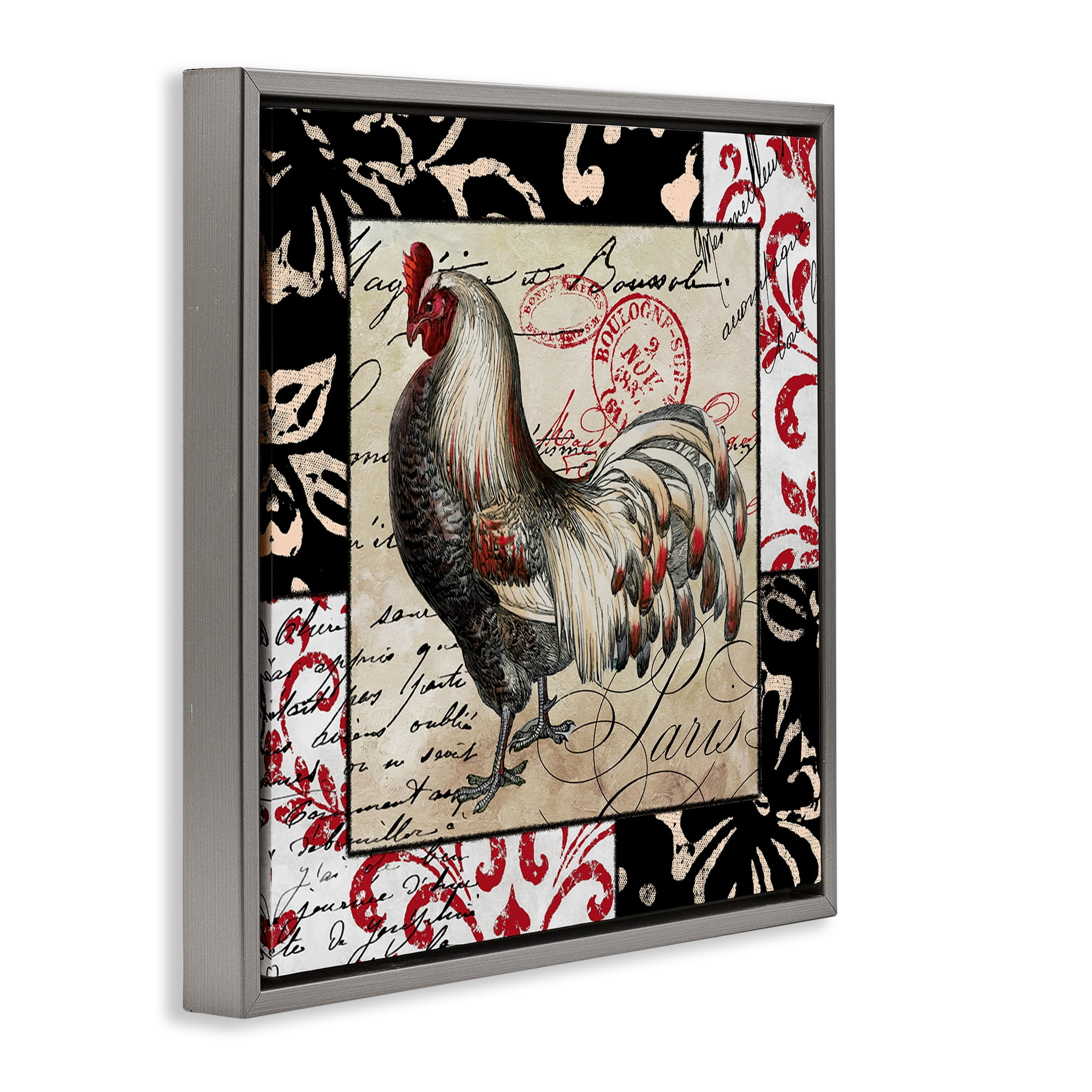 Stupell Industries Hen with Vintage Cursive Animals Painting Gray Floater Framed Canvas Art Print Wall Art, 25 x 25