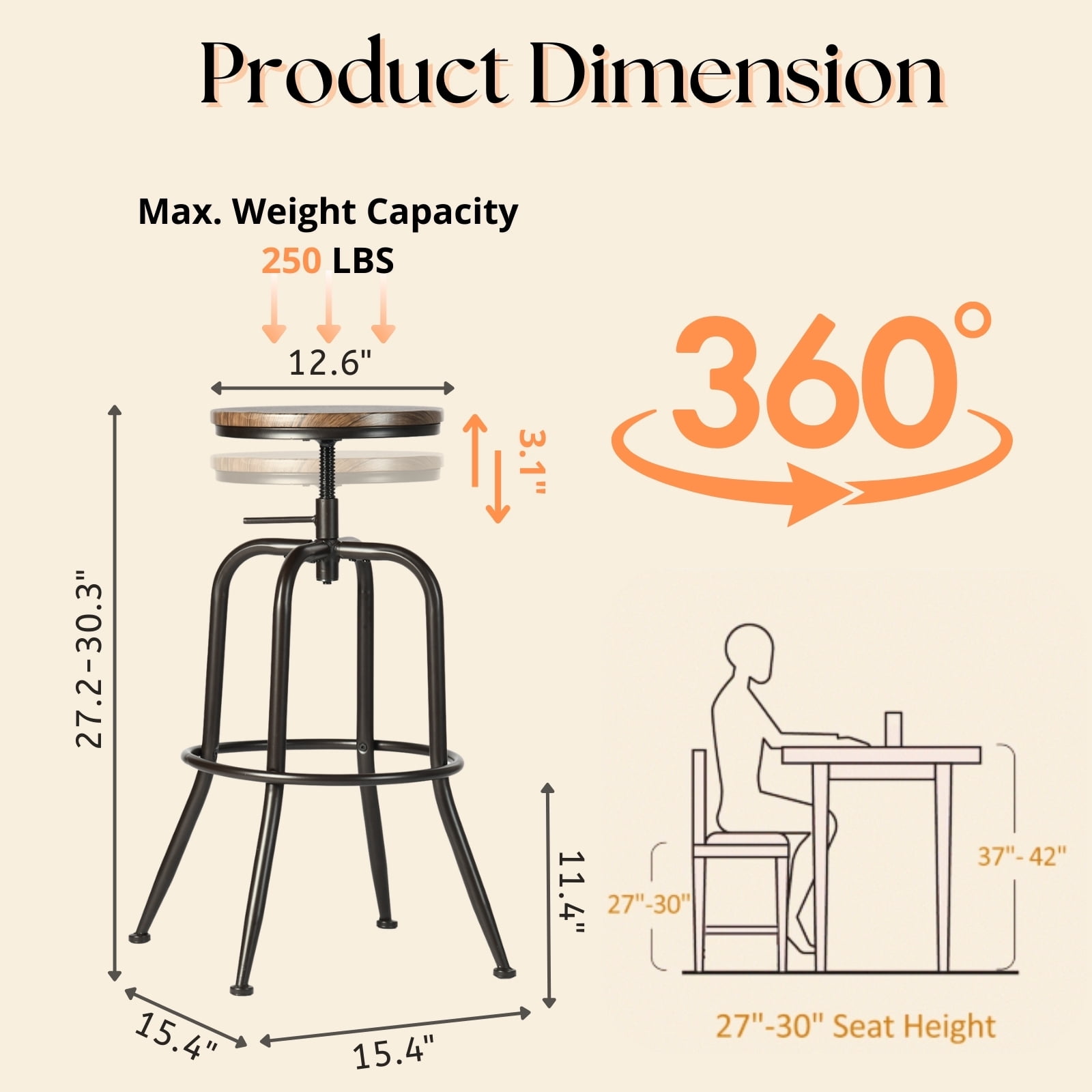Homy Casa Swivel Bar Stools Adjustable Height Counter Stools with Wood Seat, Set of 2, Walnut