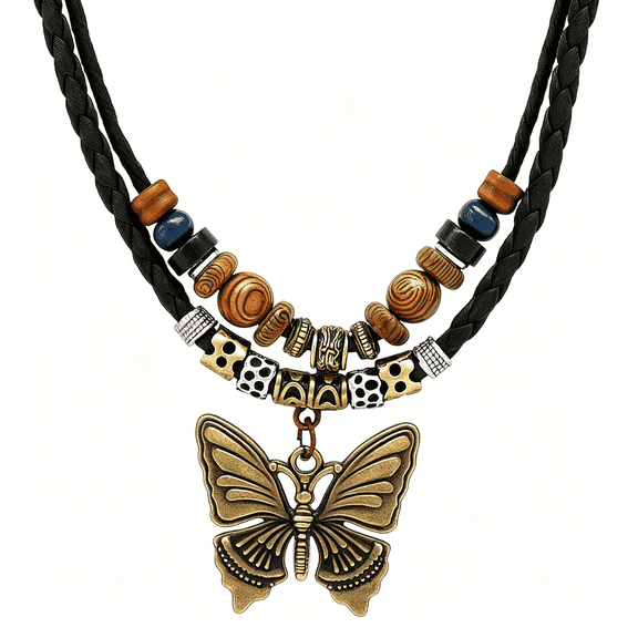 DESIGNICE Necklace for Women,Vintage Butterfly Pendant Necklaces,Adjustable Wooden Beads Layered Braided Choker,Fashion Tribal Style Leather Rope Necklace Jewelry,Chunky Statement Gift for Women