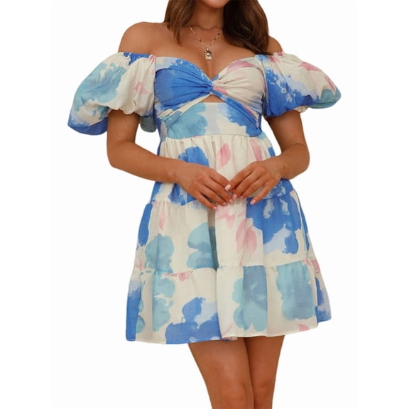 Women'S Boho Floral Mini Dress Puffy Short Sleeve Cutout V Neck Casual Long Beach Dress Blue Print M