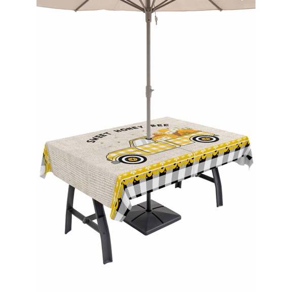 Outdoor Tablecloth with Umbrella Hole and Zipper, Yellow Truck Rectangle Table Cloth 54x80 Inch Waterproof Tablecloth, Spring Bees Honey Daisy Black Buffalo Plaid Picnic Table Cover for Patio Camping