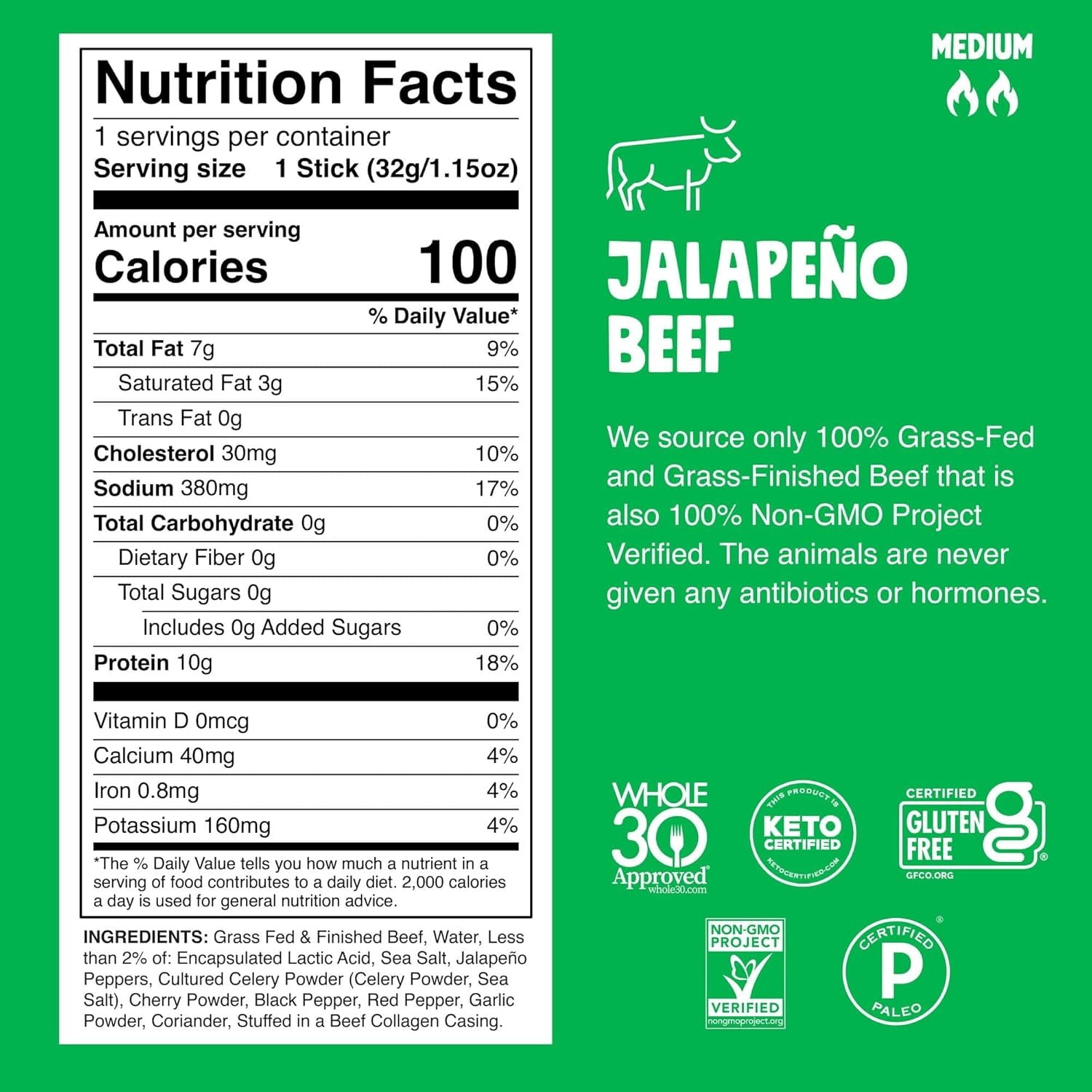 CHOMPS Grass Fed Beef Jerky Sticks, Beef Variety Pack, 10 Sticks: (5) Original Beef, (5) Jalapeno Beef…