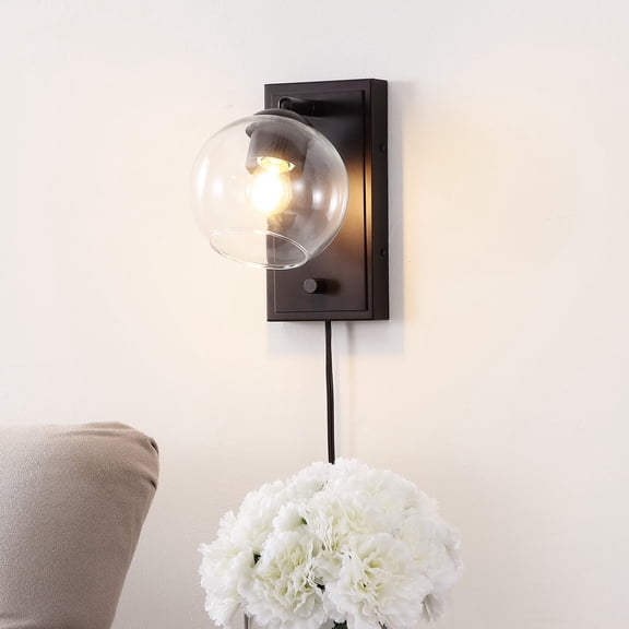 JONATHAN Y Hugo 6" 1-Light Minimalist Modern Plug-In or Hardwired Adjustable Iron LED Wall Sconce with Rotary Dimmer, Oil Rubbed Bronze with Clear Globe