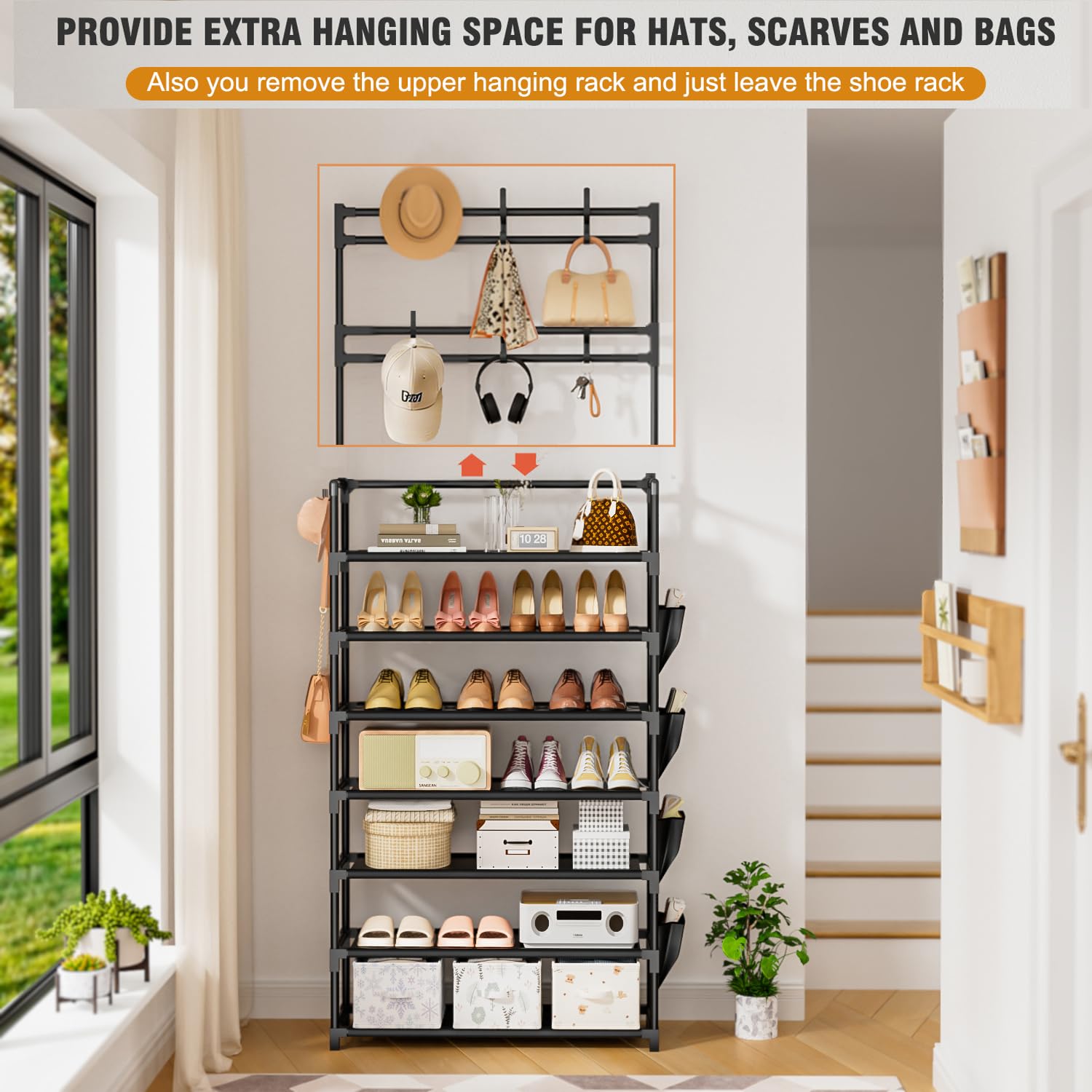 Shoe Rack 7 Tier Organizer Storage 21-28 Pairs Closet Shoes For Front Door Entrance With Hooks Side Pocket Entryway Large Capacity Shelf Tower Garage