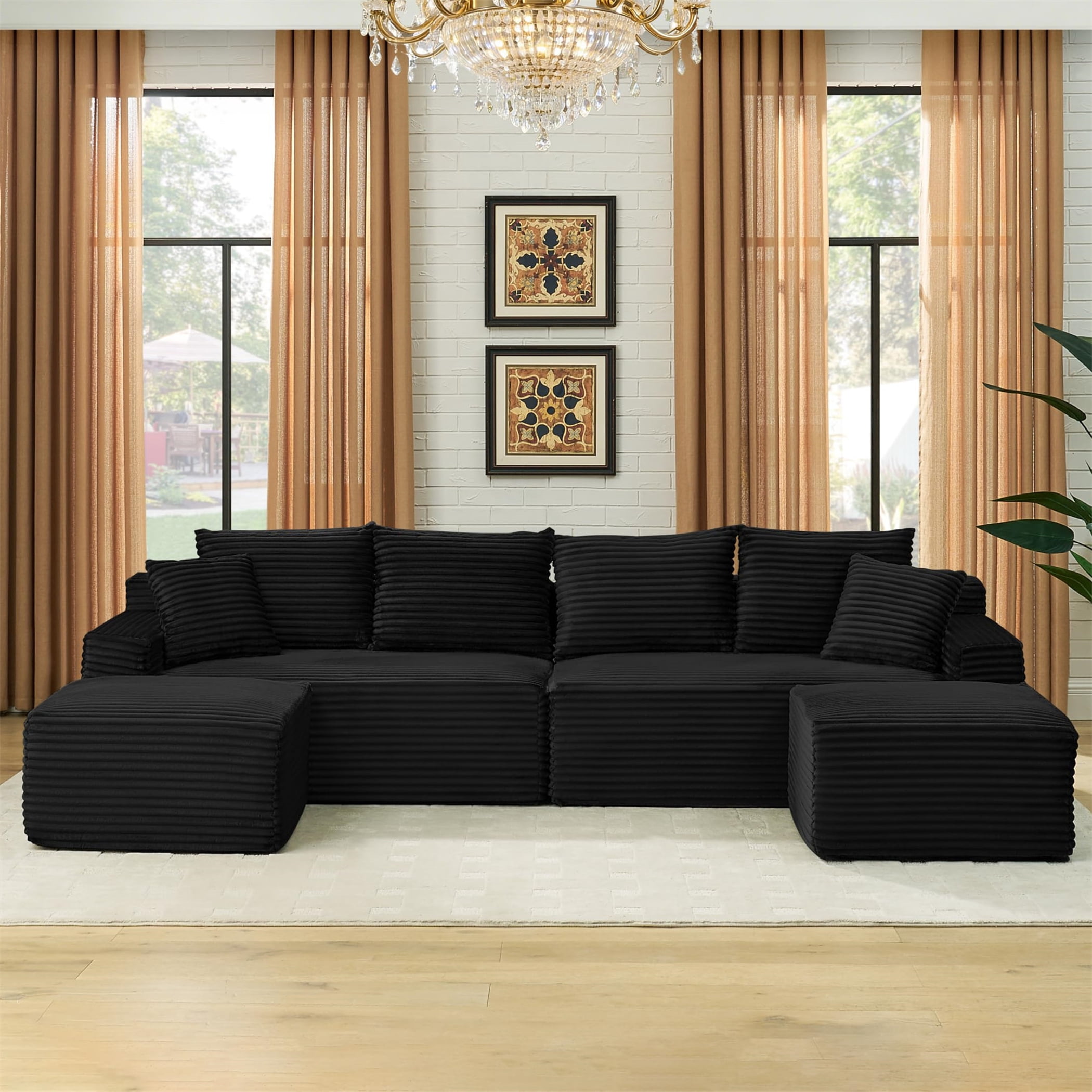 Aukfa 115" Cloud Sectional Sofa U Shape Modular Boneless Couch for Living Room, 2 Ottoman&Pillows, Corduroy, Black