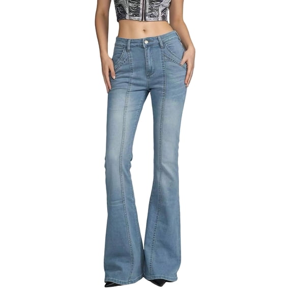 Miluxas Women's High Waisted Flare Jeans Vintage Washed Denim Pants with Front Seam Detail Casual Bootcut Trousers Light Blue