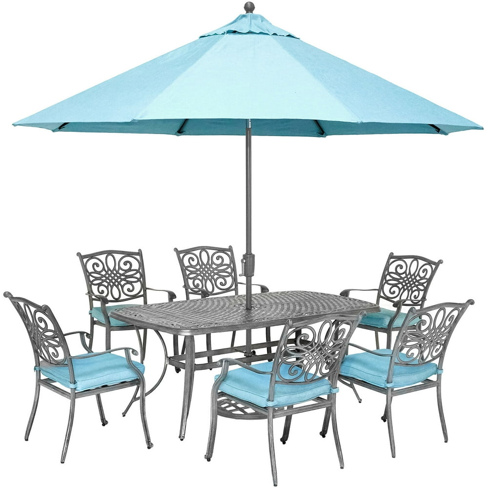 Hanover Traditions 7-Piece Gray Patio Dining Set with 6 Chairs, Blue