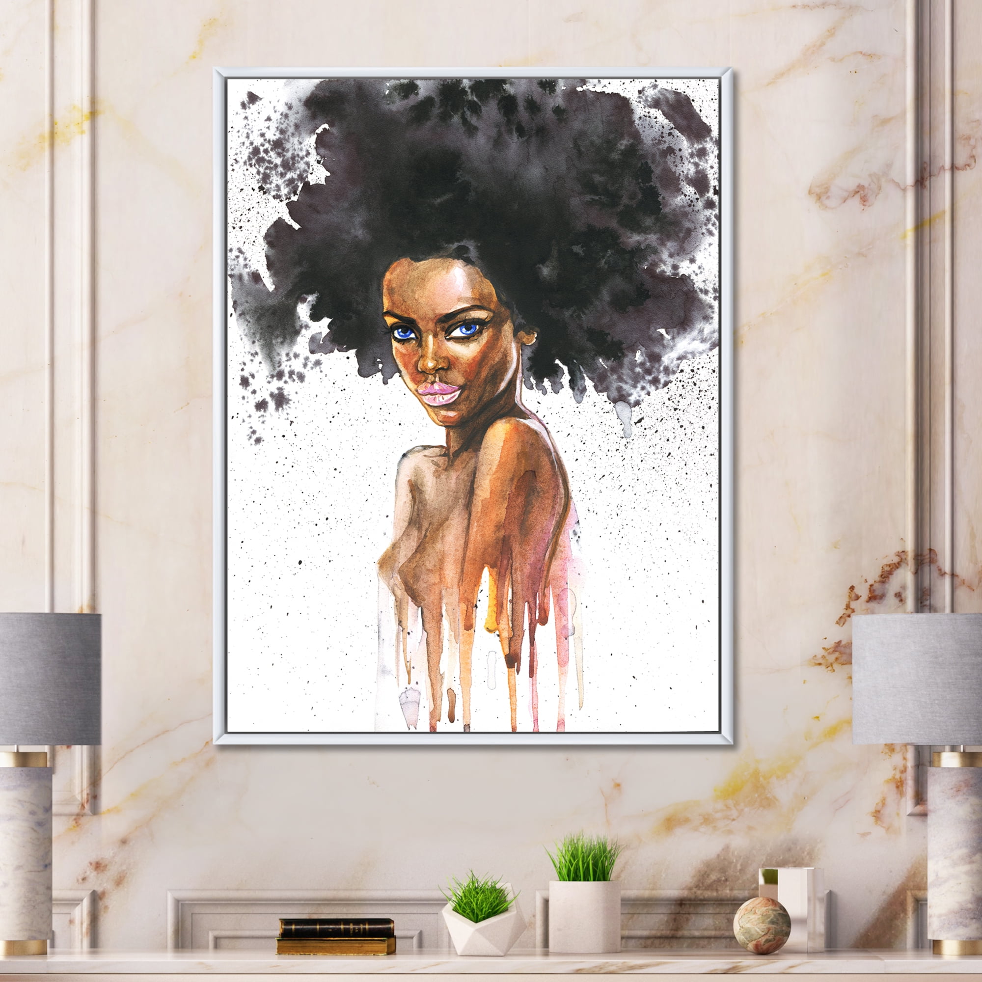 Designart 'Portrait of Afro American Woman VII' Modern Framed Canvas Wall Art Print
