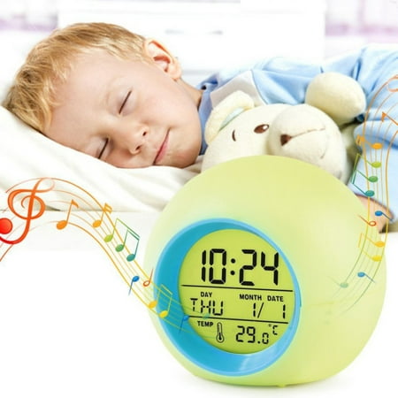 Kids Alarm Clock, Wake Up Light Alarm Clock with 6 Natural Sounds 7 Auto Switch Colors for Kids (Best Wake Up Sound Ringtone)