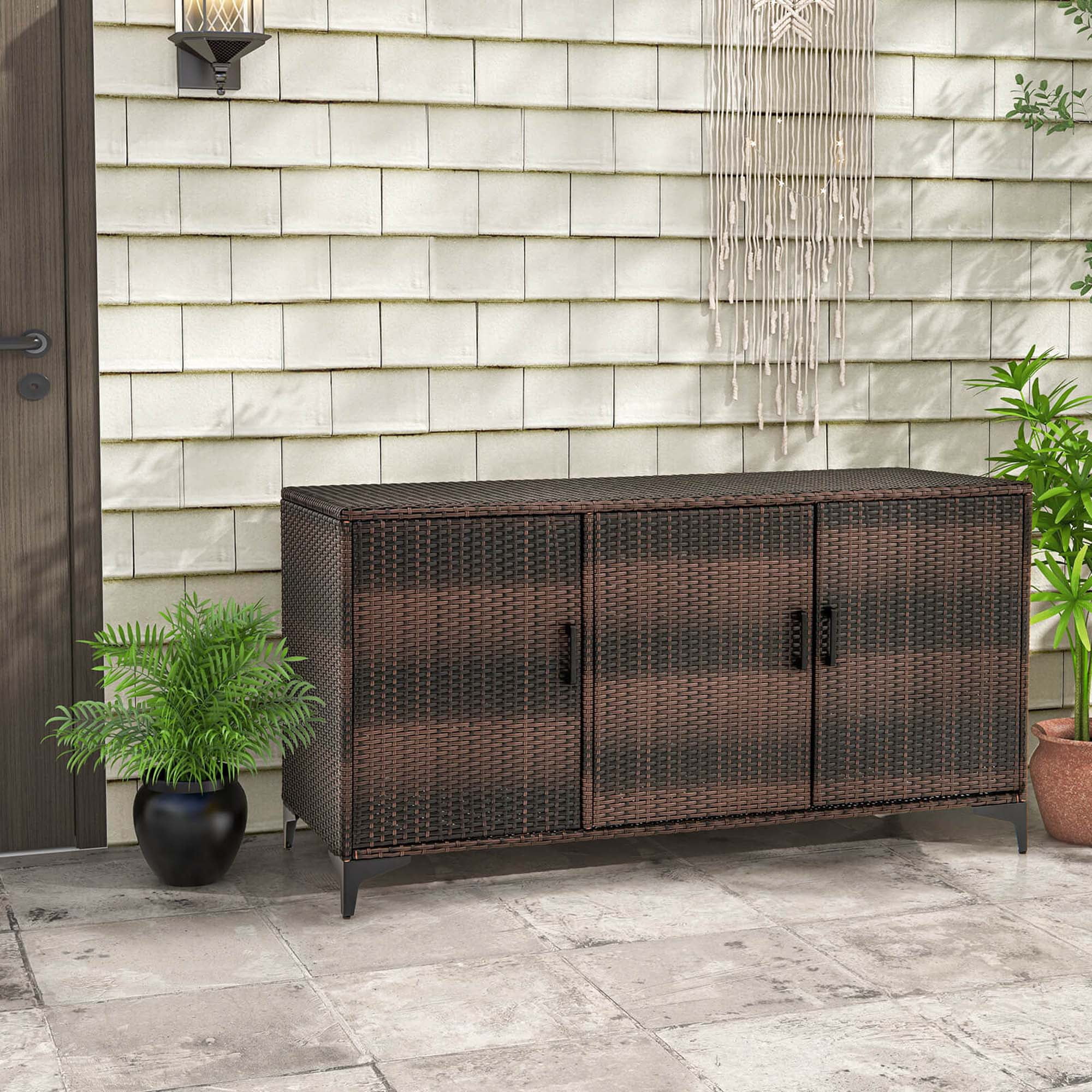 Costway 84 Gallon 3-Door Patio Wicker Storage Cabinet Deck Box with Removable Shelves Brown
