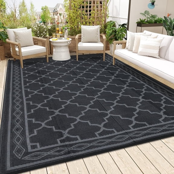 Towallmark 8x10 Outdoor Rug Waterproof, Reversible Patio Mat, Plastic Straw Area Rugs for Outside Deck Porch Balcony, Foldable Carpet for RV Camping Beach Picnic, Black&Grey