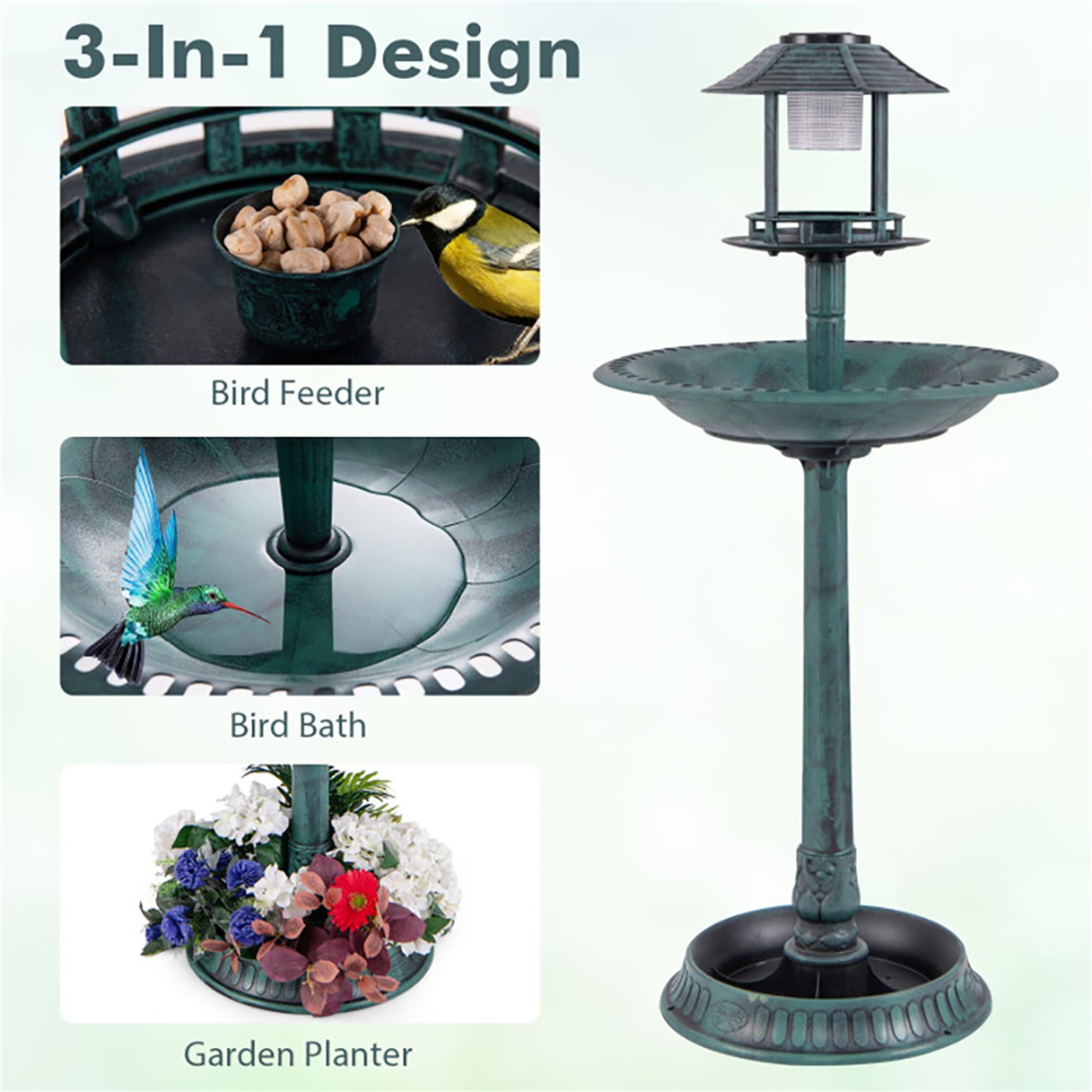 resenkos 42" Outdoor Pedestal Garden Bird Bath with Solar Light, Bird Feeder and Flower Planter, Bronze Green