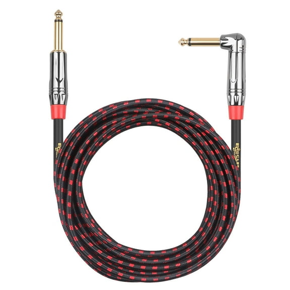 Clef Audio Labs 6.35mm TS to 6.35mm TS Straight to Angled, Black Chrome Zinc Alloy Shell/Red Braided - 20F- 1PK