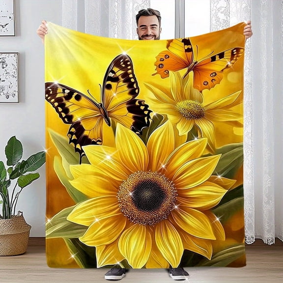 Cozy Plush Blanket Cozy Plush Sunflower Butterfly Throw Blanket 1pc Comfortable for Bed Sofa Couch Office Camping Multi Purpose Gift