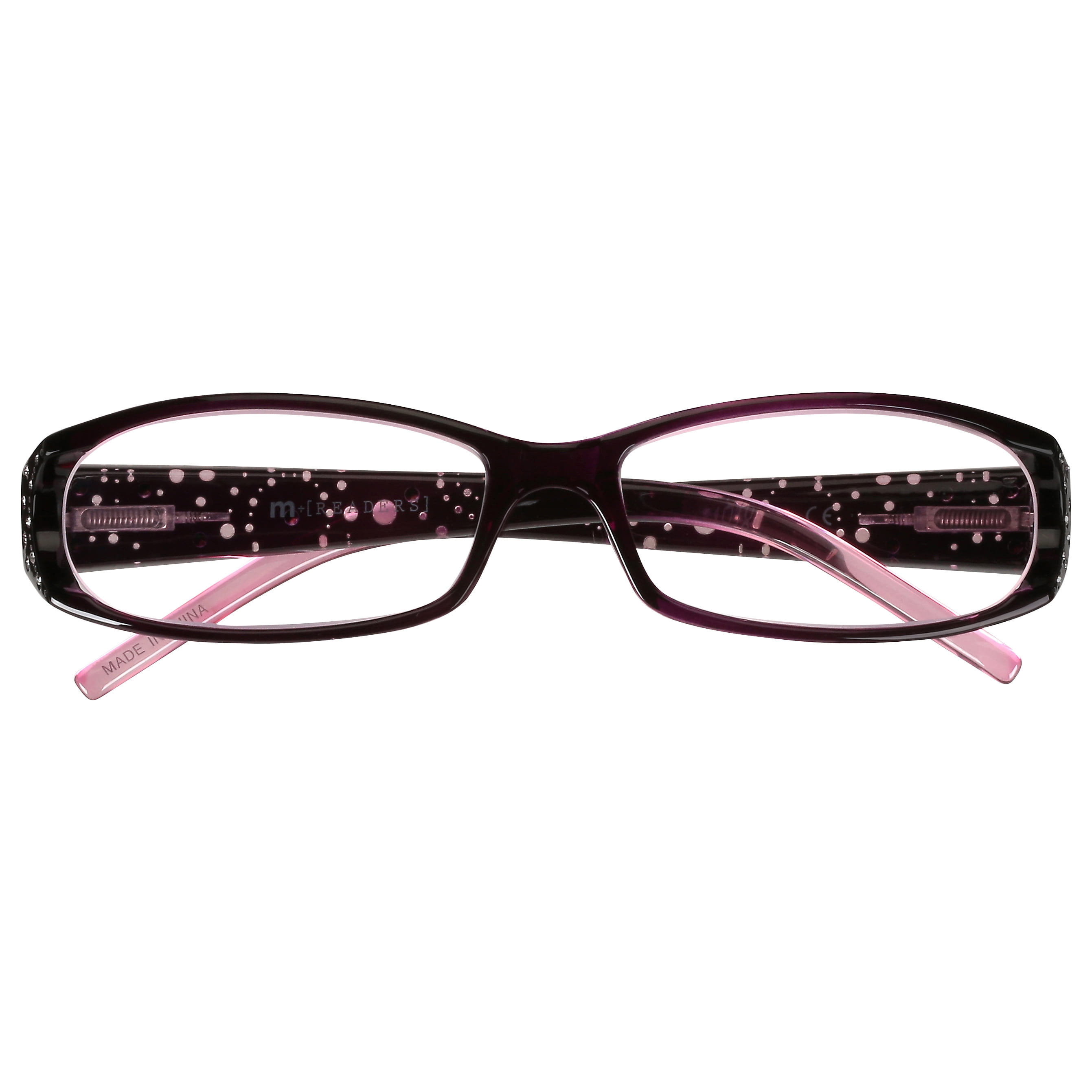 M+ Womens Rectangular Plastic Reading Glasses 1.25 Amber in Purple with Rhinestones
