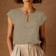 thumbnail image 2 of Women's Summer Solid Color Cotton Linen Casual V Neck Tank Tops Cap Sleeve Loose Fit Blouses Tunic Shirts Khaki, 2 of 8