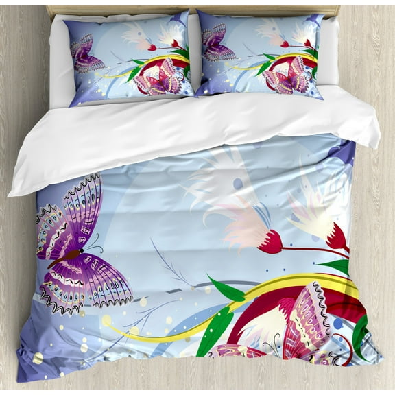 Floral Duvet Cover Set Queen Size, Fantasy Themed Graphic Flowers Butterflies and a Bird Colorful Artistic Composition, Decorative 3 Piece Bedding Set with 2 Pillow Shams, Multicolor, by Ambesonne