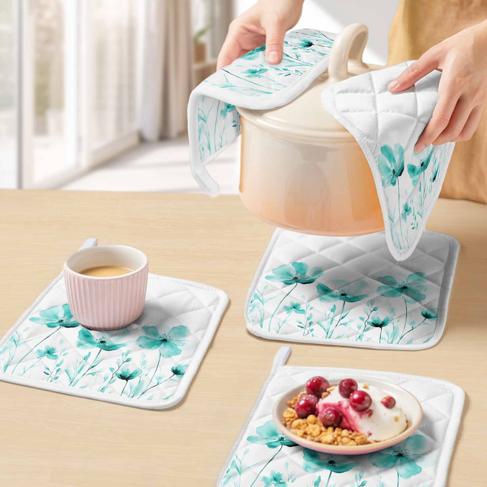 Blue Aqua Flower Pot Holders for Kitchen Heatproof Potholder, 4 Pack White Floral Plant Herb Botanical Hot Pads Multipurpose Oven Pads Cloth Potholders Trivet for Cooking and Baking