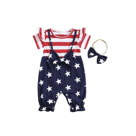 

EYIIYE Baby Girl Outfit Stars Stripes Print Patchwork Jumpsuit Headband