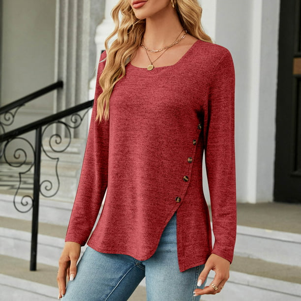 XZNGL Long Sleeve Shirt Women Ladies Fashion Solid Color Long Sleeve Square  Neck Button Shirt Woman Casual Loose Top Womens Long Sleeve Tops Women'S Long  Sleeve Tops Long Sleeve Shirts Women 