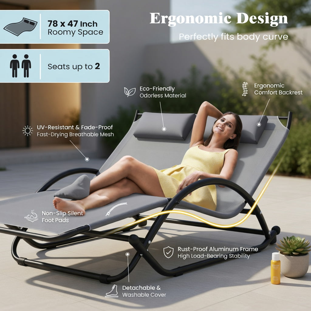 Hommoo 2-Person Outdoor Rocking Sunbed with Adjustable Canopy & Detachable Headrests, Metal Patio Lounger for Backyard, Poolside, Deck, Gray