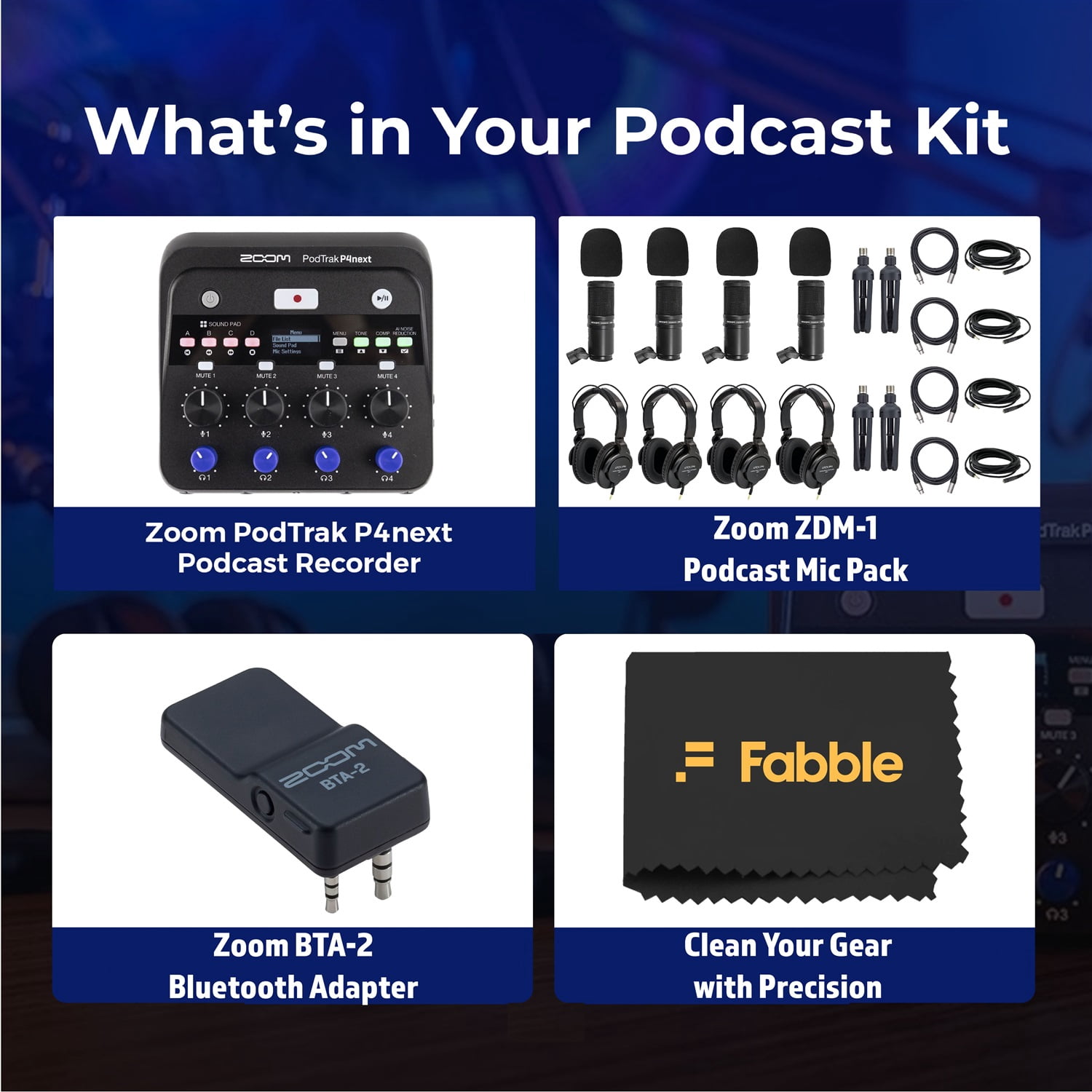 Zoom PodTrak P4next Portable Multitrack Podcast Recorder Bundle with 4 Zoom ZDM-1 Podcast Mic Packs, ZHP-1 Closed-Back Headphones, Tabletop Mic Stands, XLR Cables, Foam Windscreens, and BTA-2 Adapter