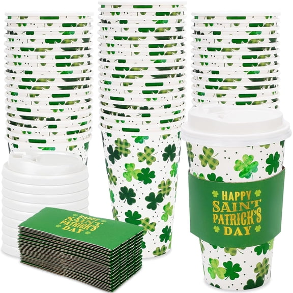 48 Pack St. Patrick's Day Disposable Coffee Cups with Lids and Sleeves 16 oz Green Shamrock Clover Paper Cups Drinking Cup for Irish Holiday Party Supplies