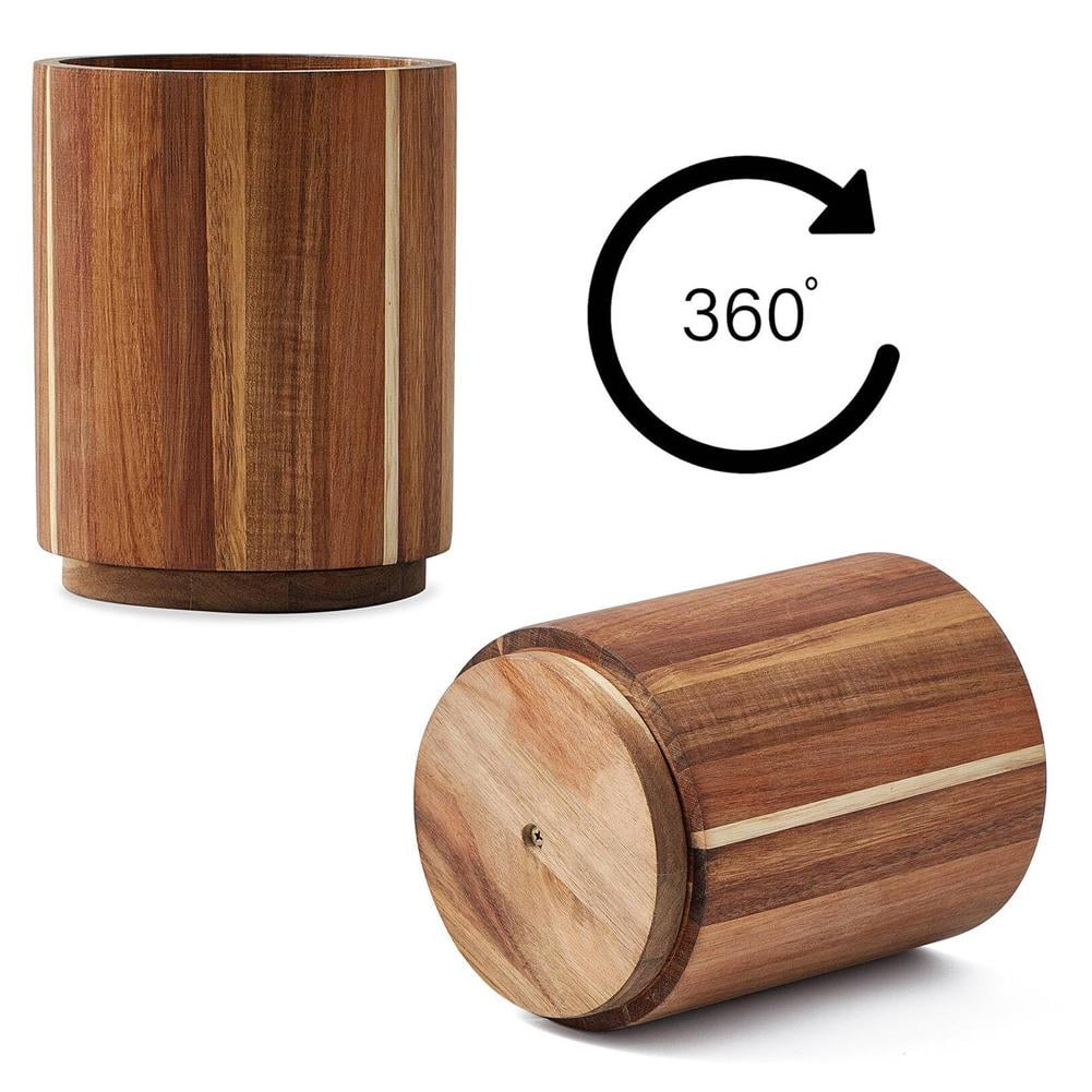 Acacia Wood 360° Rotating Utensil Holder - Non-Slip Large Capacity Crock for Kitchen Counter, Holds 15-20 Cooking Tools - Rustic Farmhouse Countertop Organizer