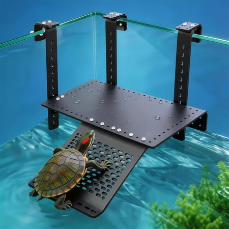 Black Acrylic turtle basking platform – Hanging turtle dock with turtle ramp for turtle platform for aquarium Setups, Fits 0.3"–2" Thick Rim, Large Basking Zone 10 x 5.6 Inch
