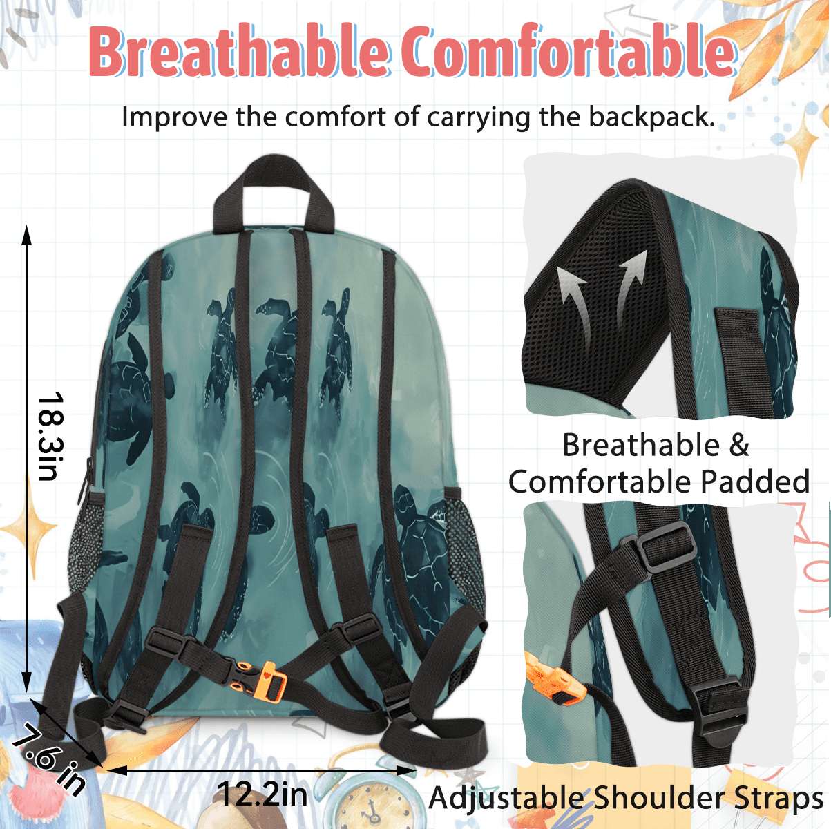 Herdesigns Turtle Sea Animals Large Backpack Set with Lunch Box Lightweight Water Resistant Travel Laptop Backpacks Casual Daypacks for Women Men