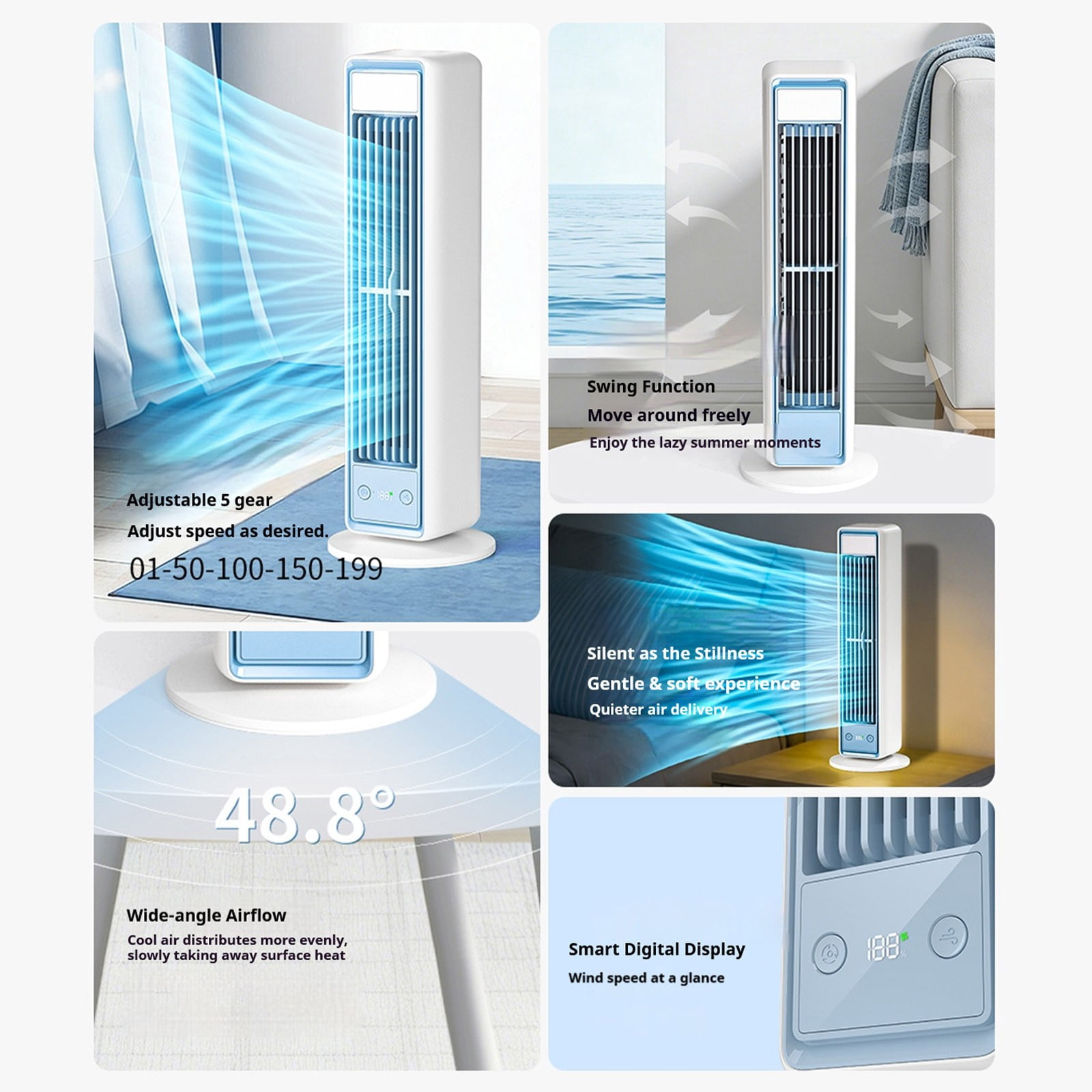 Snmubt Wall Mounted Bladeless Tower Fan, 3600mAh, Remote Control, Quiet, for Bedroom, Dorm, Office, Kitchen, Portable Air Circulator, Great for Summer, Back to School