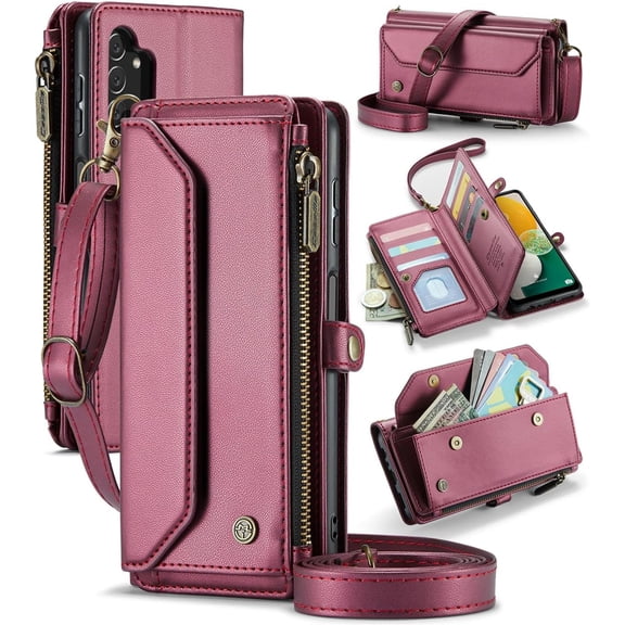 Wallet Case Compatible with Samsung Galaxy A13 6.6" RFID Blocking 10-Card Holder PU Leather Magnetic Snap Shoulder Strap Zipper Pocket Phone Case Fit for Samsung Galaxy A13