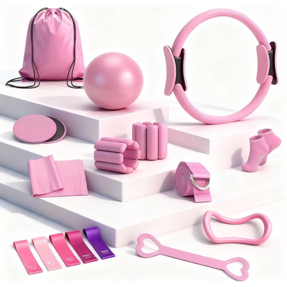 Pilates Equipment Kit for  Workouts - 14'' Pilates Ring and Ball Set for Women, Pilates/Yoga Accessories Kit with Wrist Weights, Resistance Bands, Core Sliders, Yoga Strap, Socks, Bag